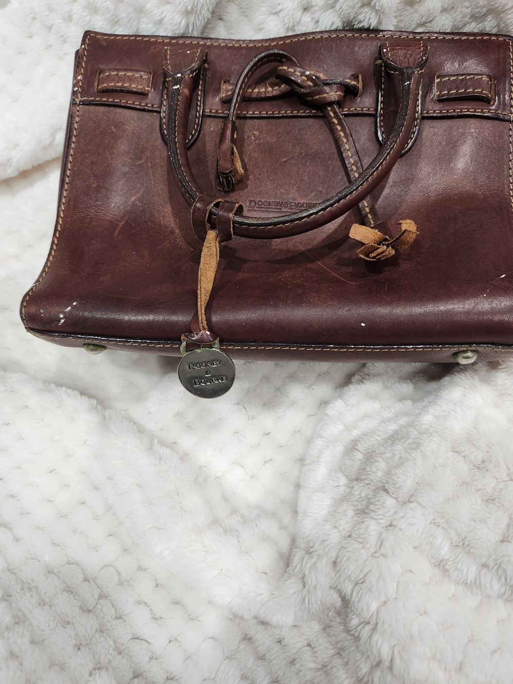 VINTAGE Dooney & Bourke Dark Brown Leather Satchel with Brass Charm